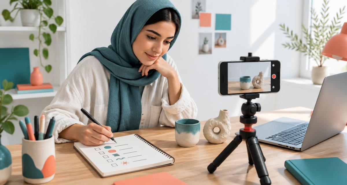 صانعة محتوى تخطط لفيديو منتج قبل تصويره