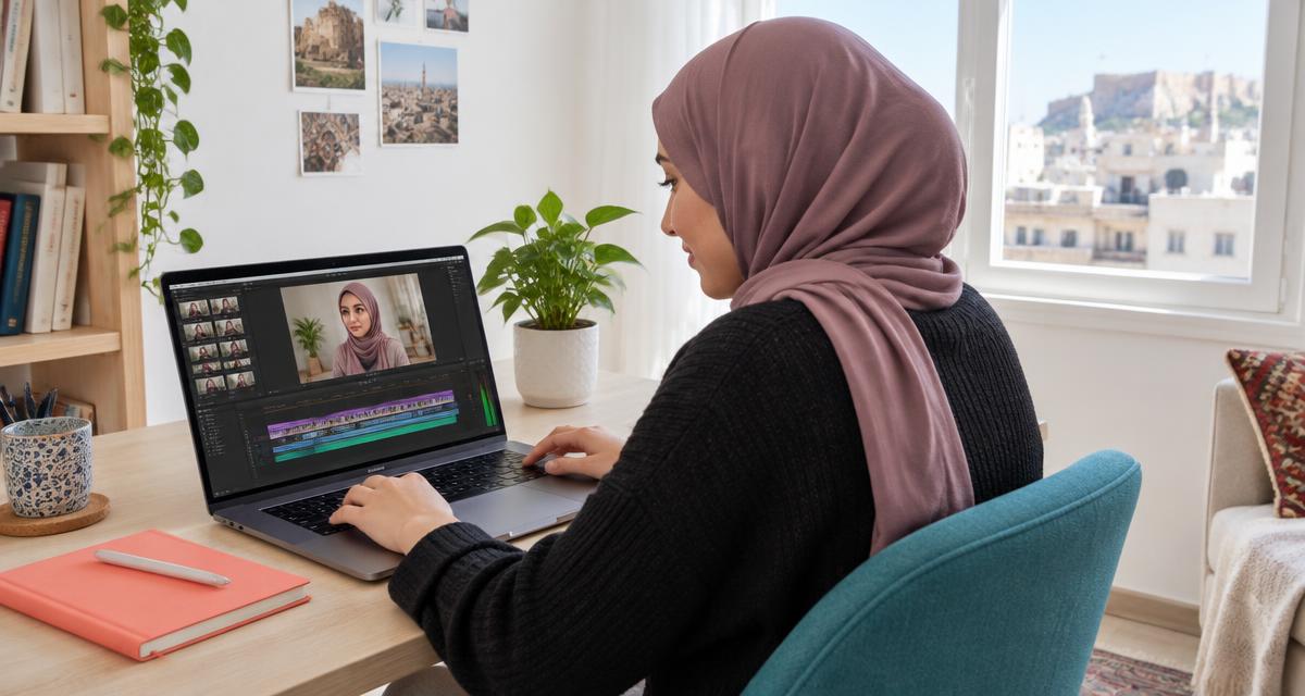 صانعة محتوى تعمل على مونتاج فيديو من منزلها