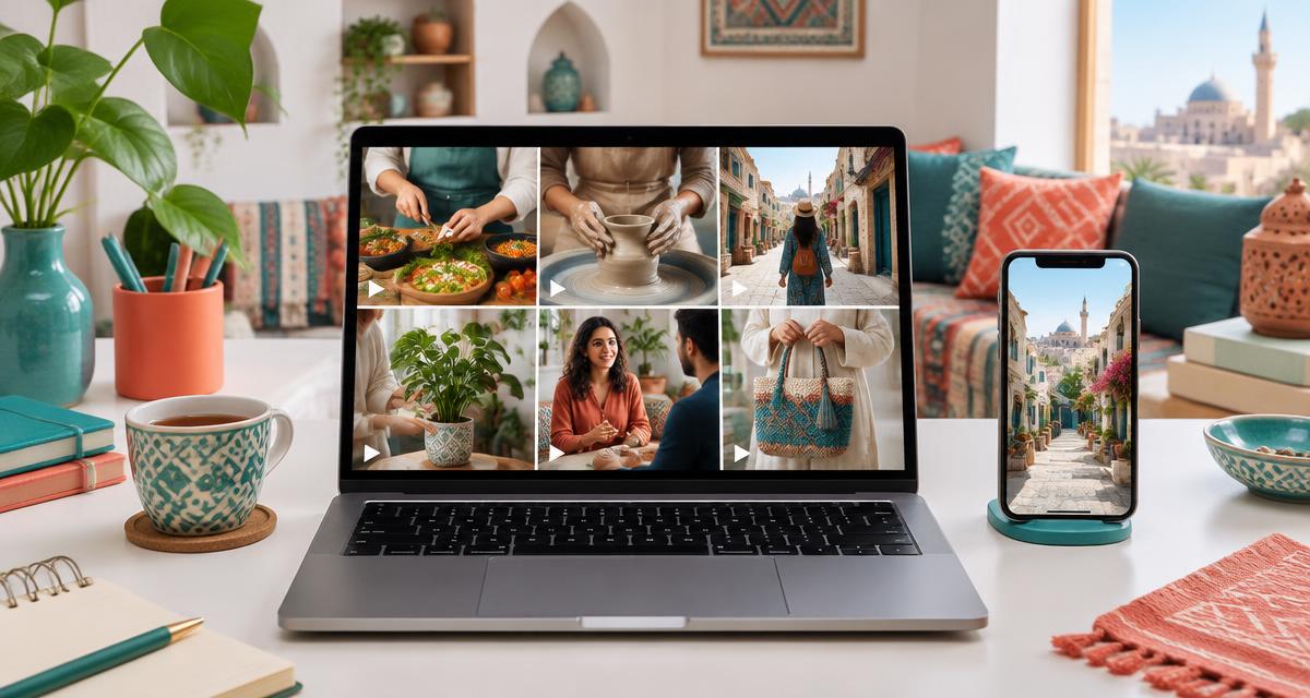 حاسوب يعرض نماذج فيديو متنوعة في ملف أعمال لمحرر محتوى